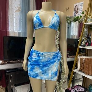 Blue Tie-Dye Bikini Set with Skirt
